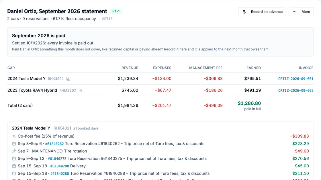 Daniel Ortiz, September 2026 statement: revenue, expenses and management fee per car, and what the owner is owed.