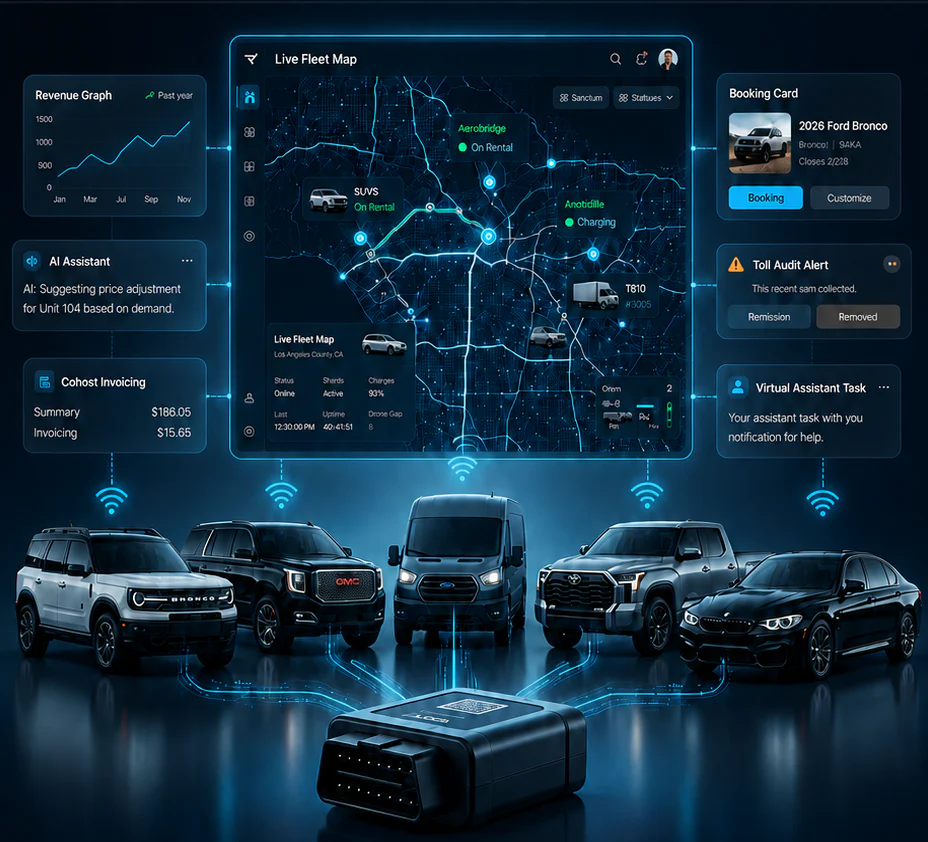 The RevHost dashboard — live fleet map, revenue, co-host invoicing, toll audit and assistant panels — above a fleet of tracked vehicles and a RevHostGPS device