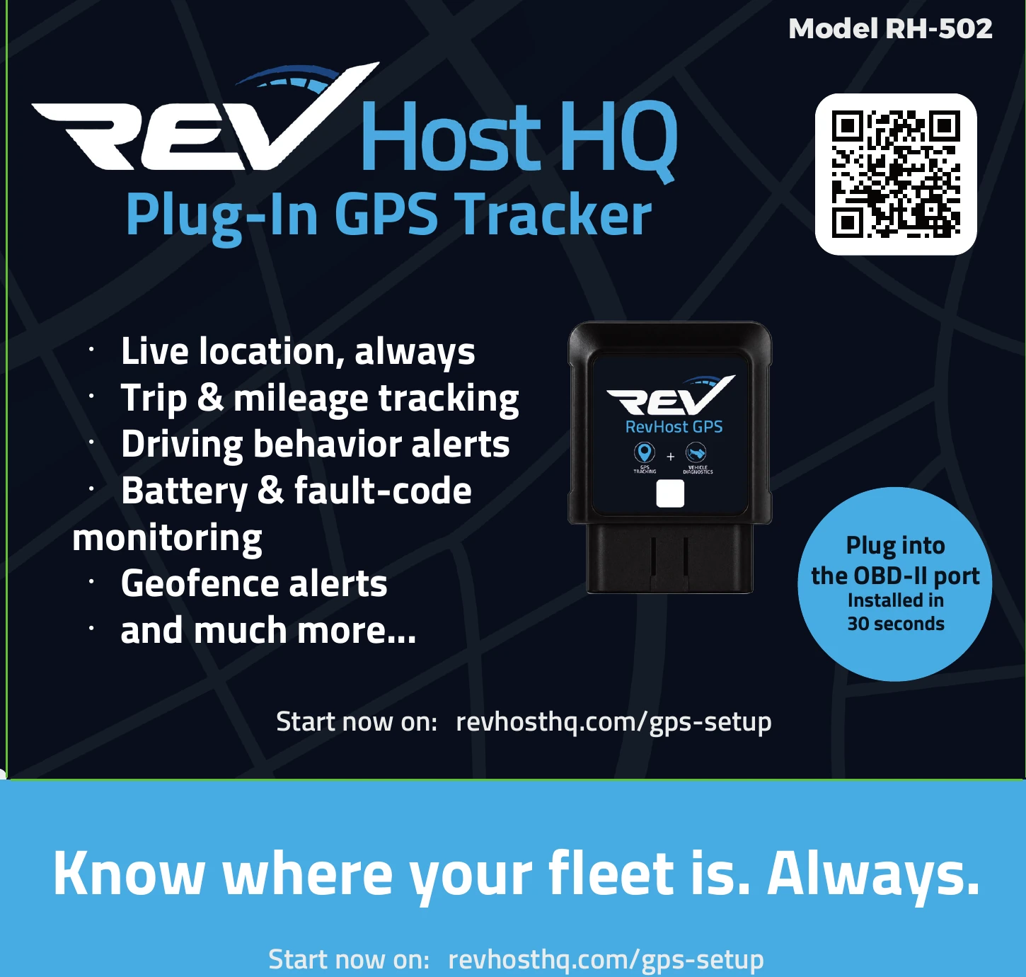 RevHostGPS RH-502 retail box: REV Host HQ Plug-In GPS Tracker — know where your fleet is, always